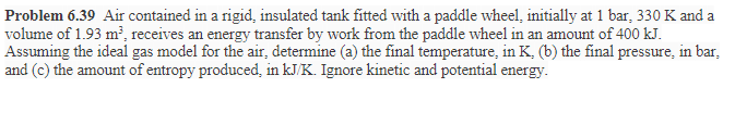 Solved Problem 6.39 Air contained in a rigid, insulated tank | Chegg.com