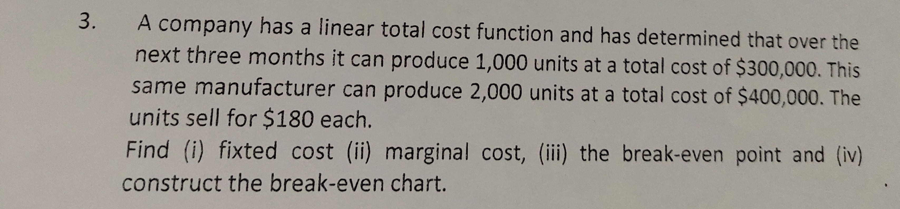 Solved A company has a linear total cost function and has | Chegg.com
