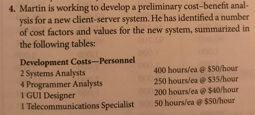 4. Martin is working to develop a preliminary cost-benefit anal- ysis for a new client-server system. He has identified a num