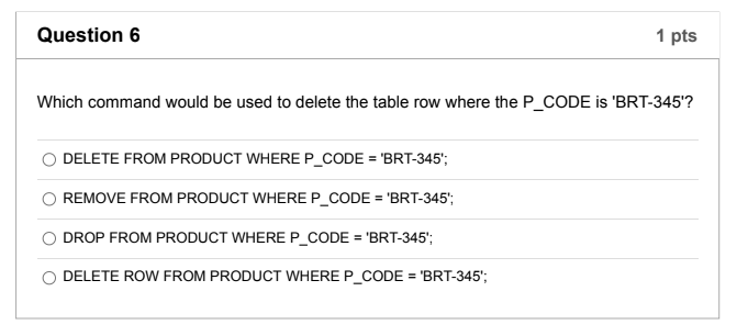 Solved Question 6 1 pts Which command would be used to | Chegg.com