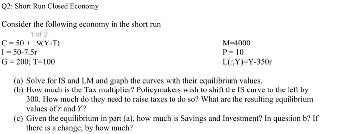 Solved Q2: Short Run Closed Economy Consider the following | Chegg.com