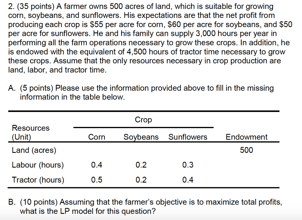 2. (35 points) a farmer owns 500 acres of land, which is suitable for growing corn, soybeans, and sunflowers. his expectation