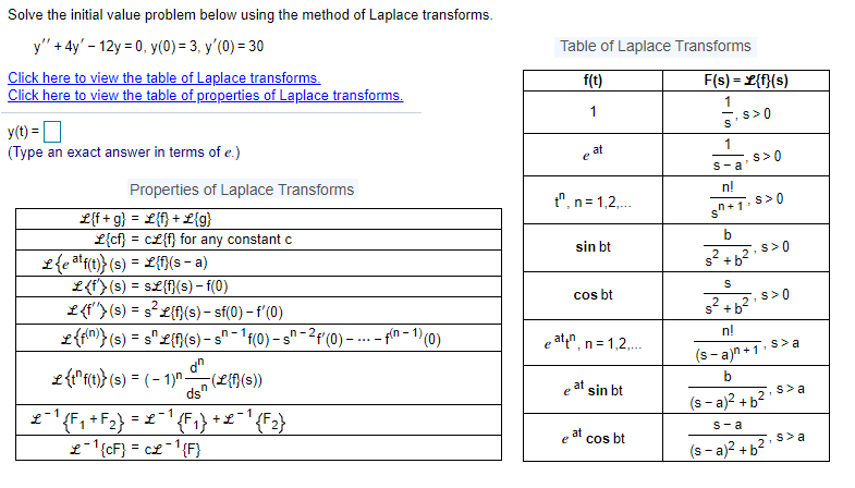 Solved Table of Laplace Transforms Solve the initial value | Chegg.com