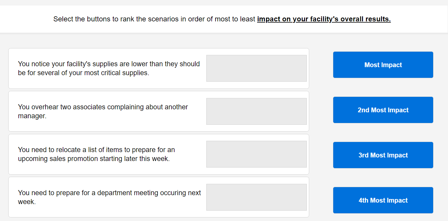 Select the buttons to rank the scenarios in order of most to least impact on your facilitys overall results.
You notice your
