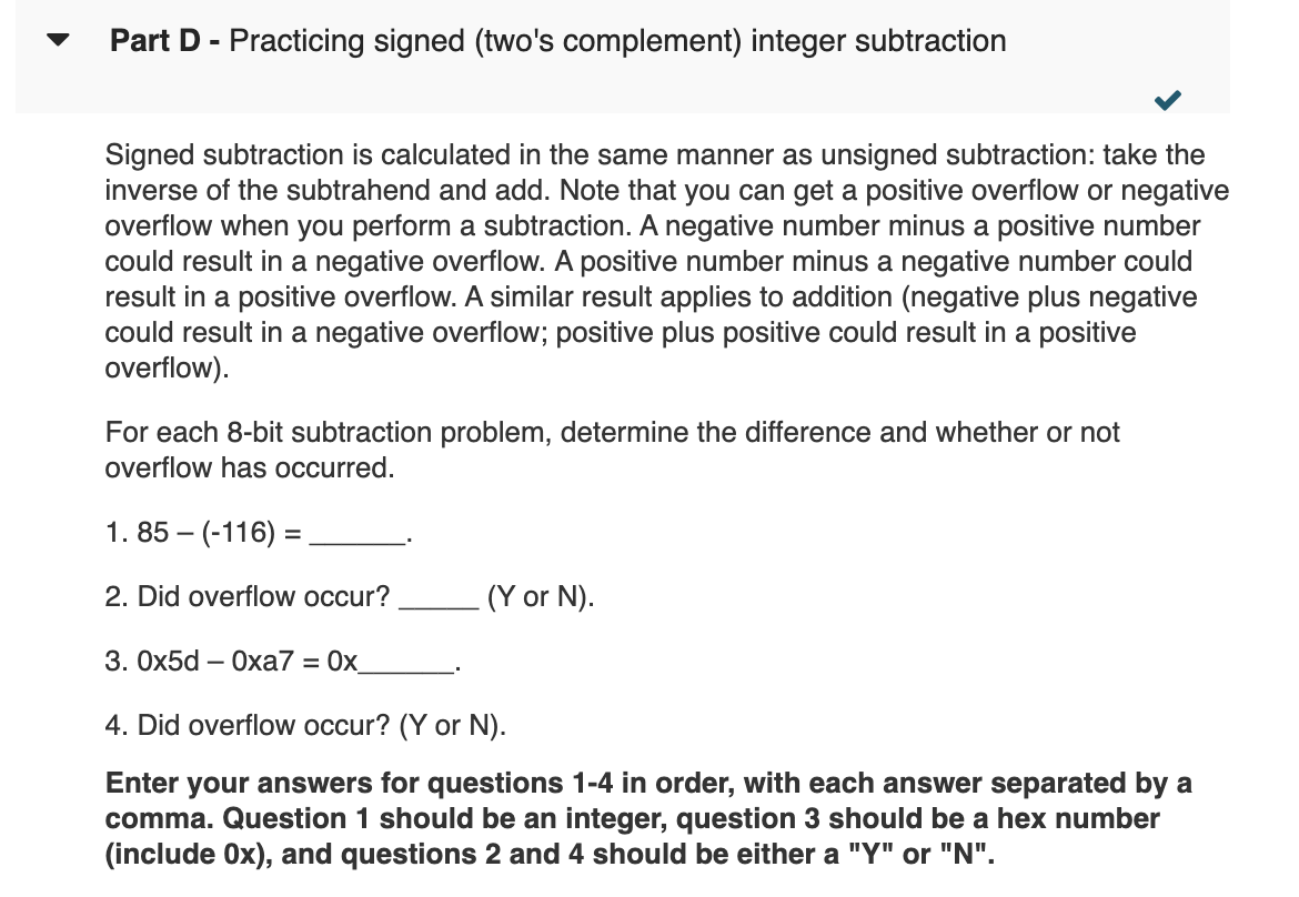 Solved Part D - Practicing signed (two's complement) integer | Chegg.com
