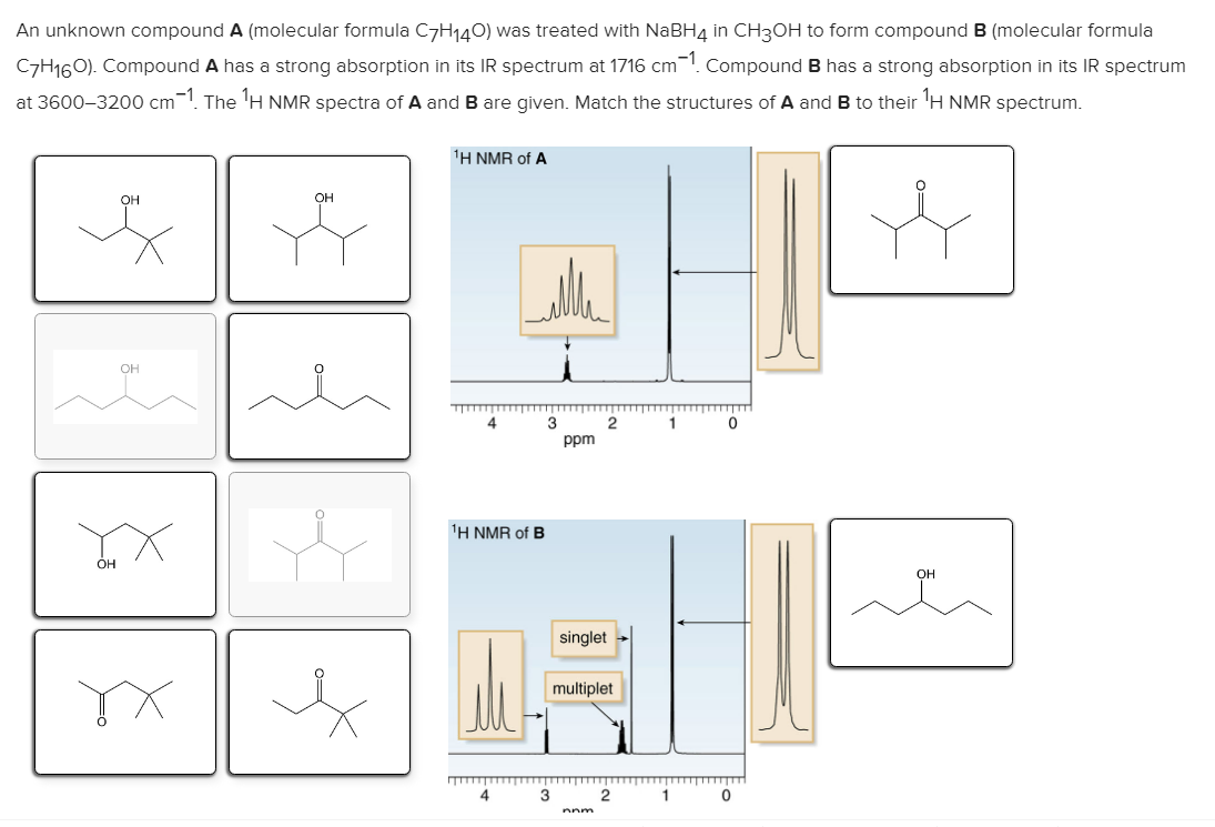 An unknown compound \( \mathbf{A} \) (molecular formula \( \mathrm{C}_{7} \mathrm{H}_{14} \mathrm{O} \) ) was treated with \(