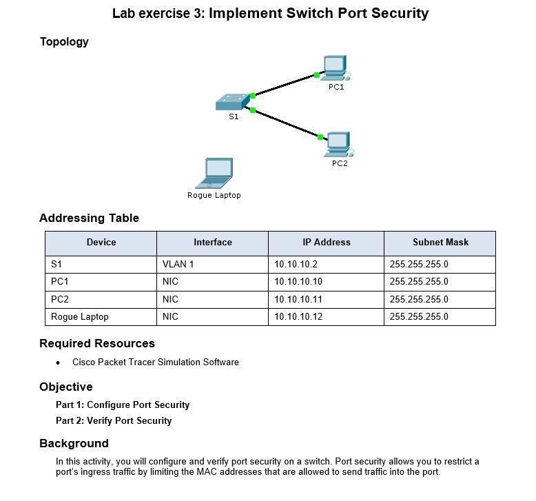 Solved 1 Configure Port Security Access the command line
