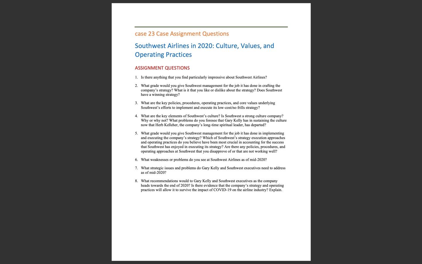 case 23 Case Assignment Questions Southwest Airlines