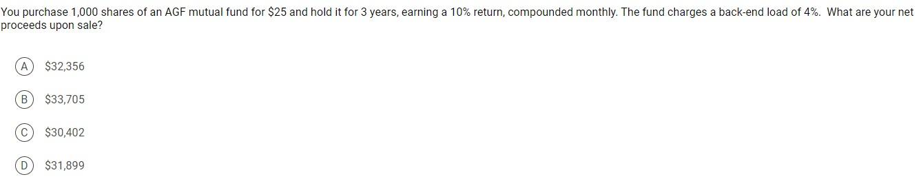 Solved You purchase 1,000 shares of an AGF mutual fund for | Chegg.com