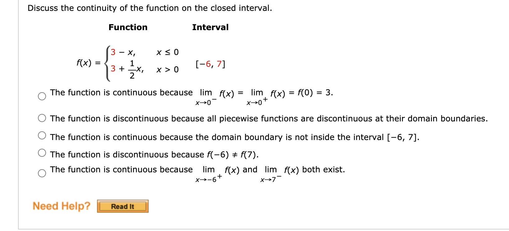 Solved Discuss the continuity of the function on the closed | Chegg.com