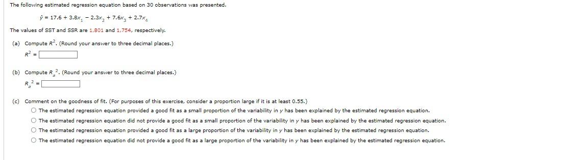 Solved The Following Estimated Regression Equation Based On | Chegg.com