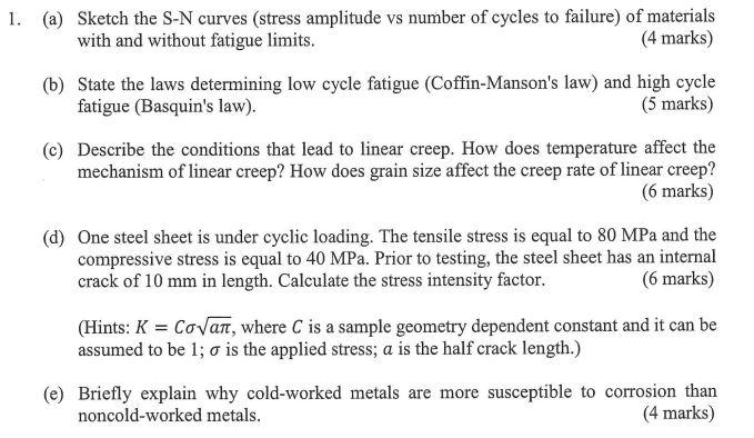 1. (a) Sketch the S-N curves (stress amplitude vs number of cycles to failure) of materials with and without fatigue limits.
