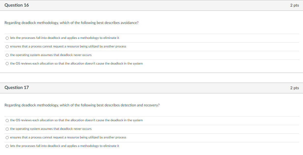 Solved Question 16 2 pts Regarding deadlock methodology, | Chegg.com