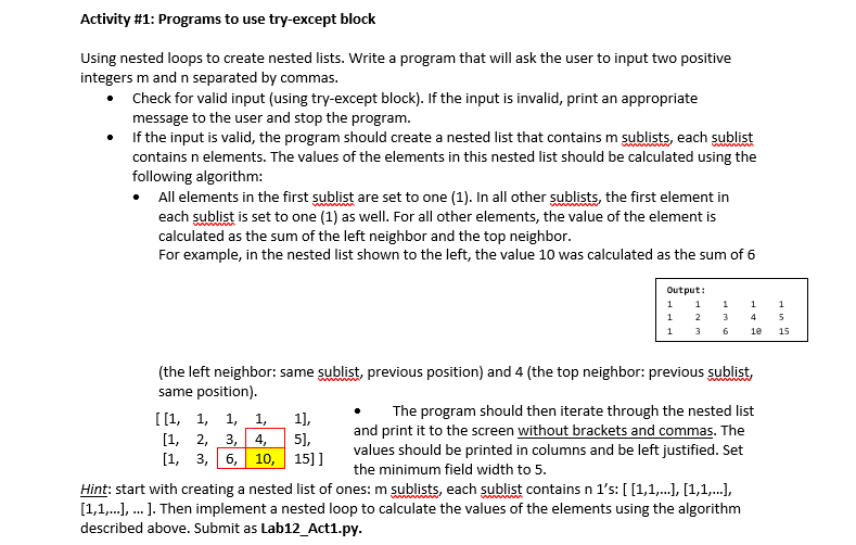 Activity 1 Programs to use tryexcept block Using