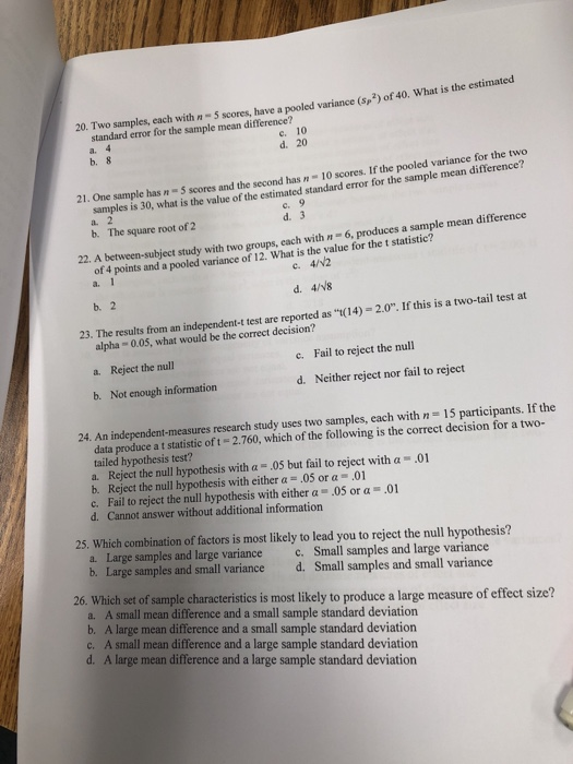 Solved estimated 20. Two samples, each with n-5 scores, have | Chegg.com