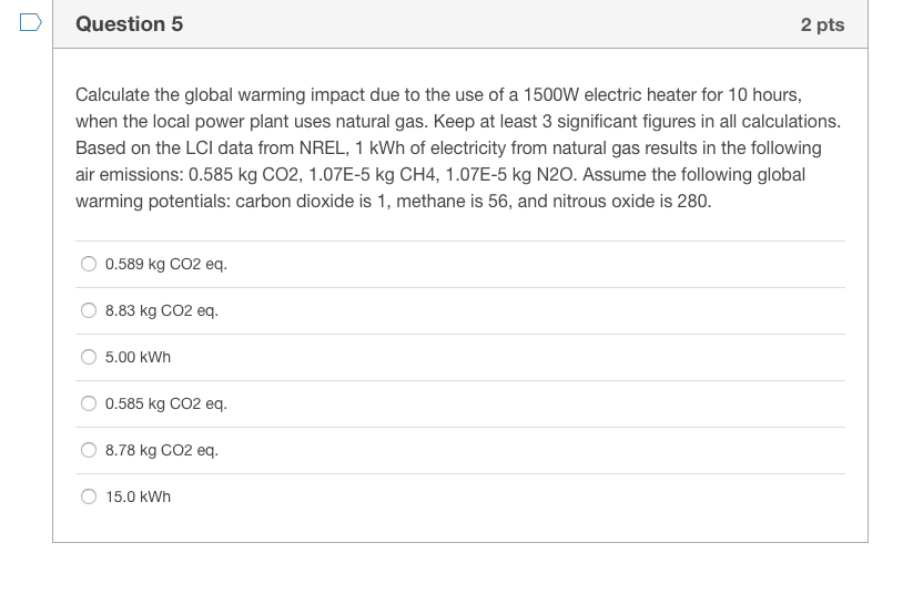Solved Question 5 2 pts Calculate the global warming impact | Chegg.com
