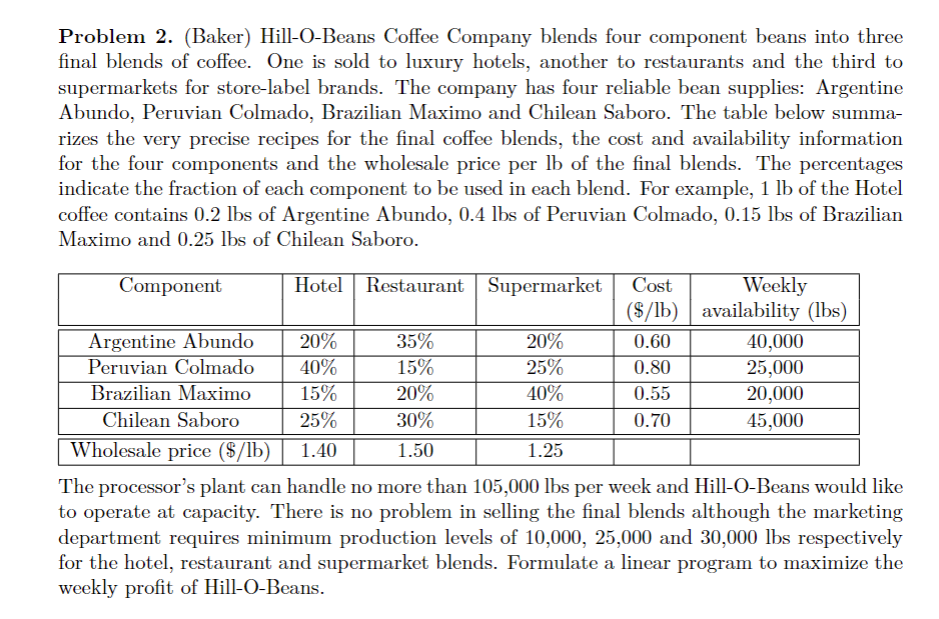 Solved Problem 2. (Baker) Hill-O-Beans Coffee Company blends | Chegg.com