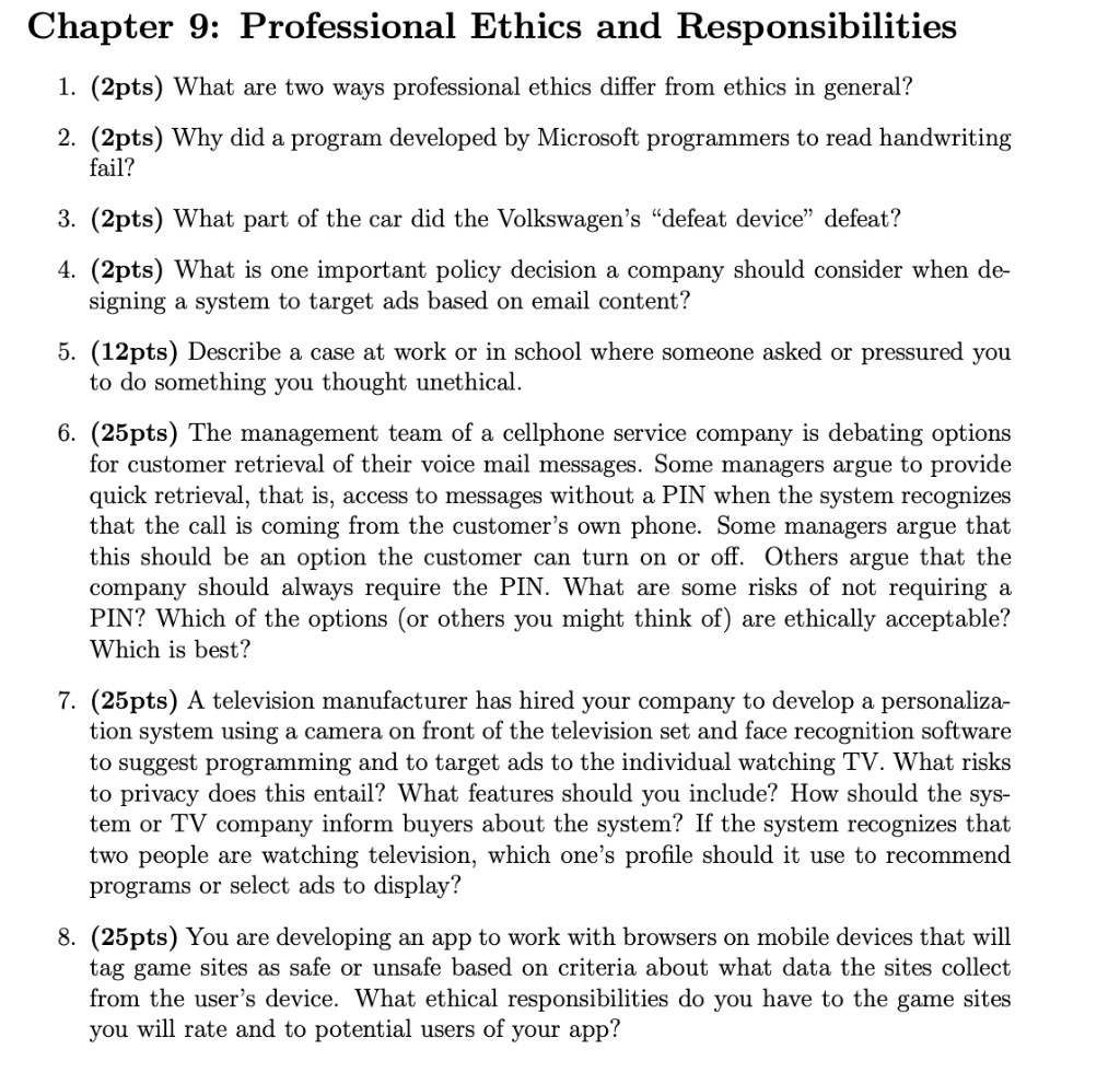 Solved Chapter 9: Professional Ethics and Responsibilities | Chegg.com