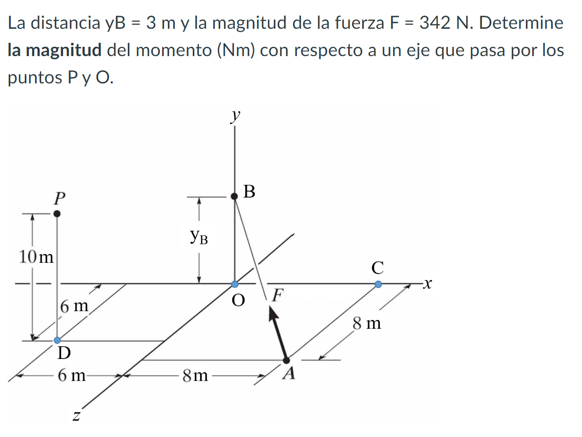 La distancia yB = \( 3 \mathrm{~m} \) y la magnitud de la fuerza \( \mathrm{F}=342 \mathrm{~N} \). Determine la magnitud del