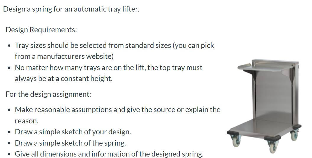 Solved Design a spring for an automatic tray lifter. Design | Chegg.com