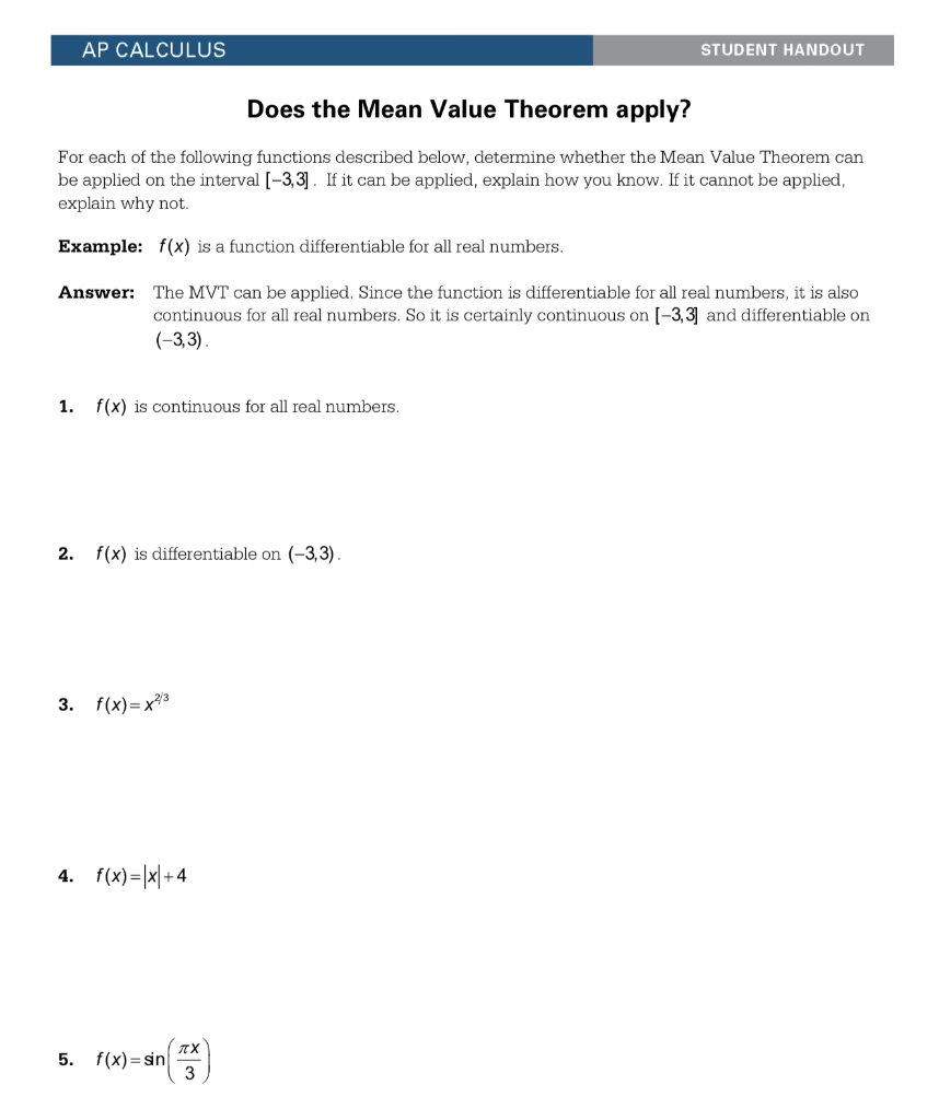Solved AP CALCULUS STUDENT HANDOUT Does the Mean Value | Chegg.com