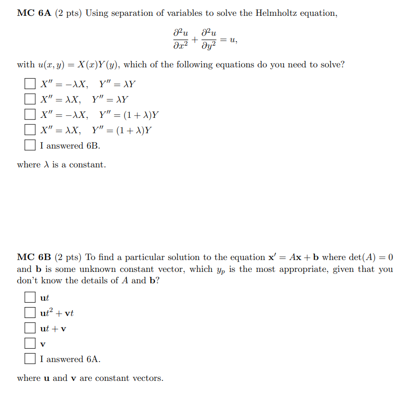 Solved Mc 6a 2 Pts Using Separation Of Variables To Solve