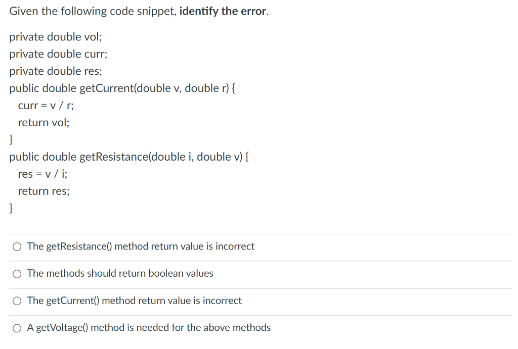 Solved Given the following code snippet, identify the error. | Chegg.com