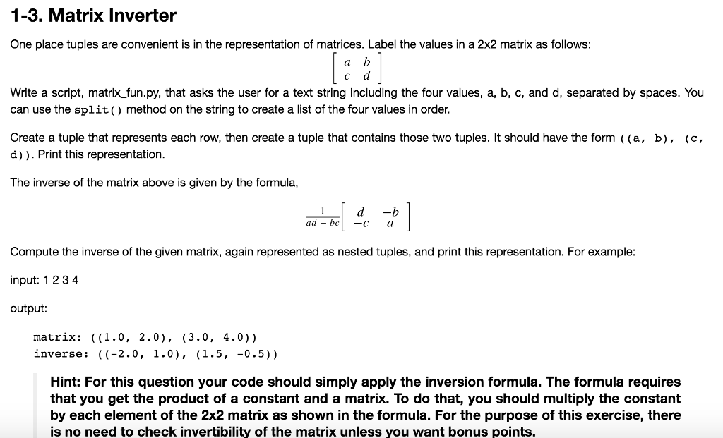 Solved 1-3. Matrix Inverter One place tuples are convenient | Chegg.com