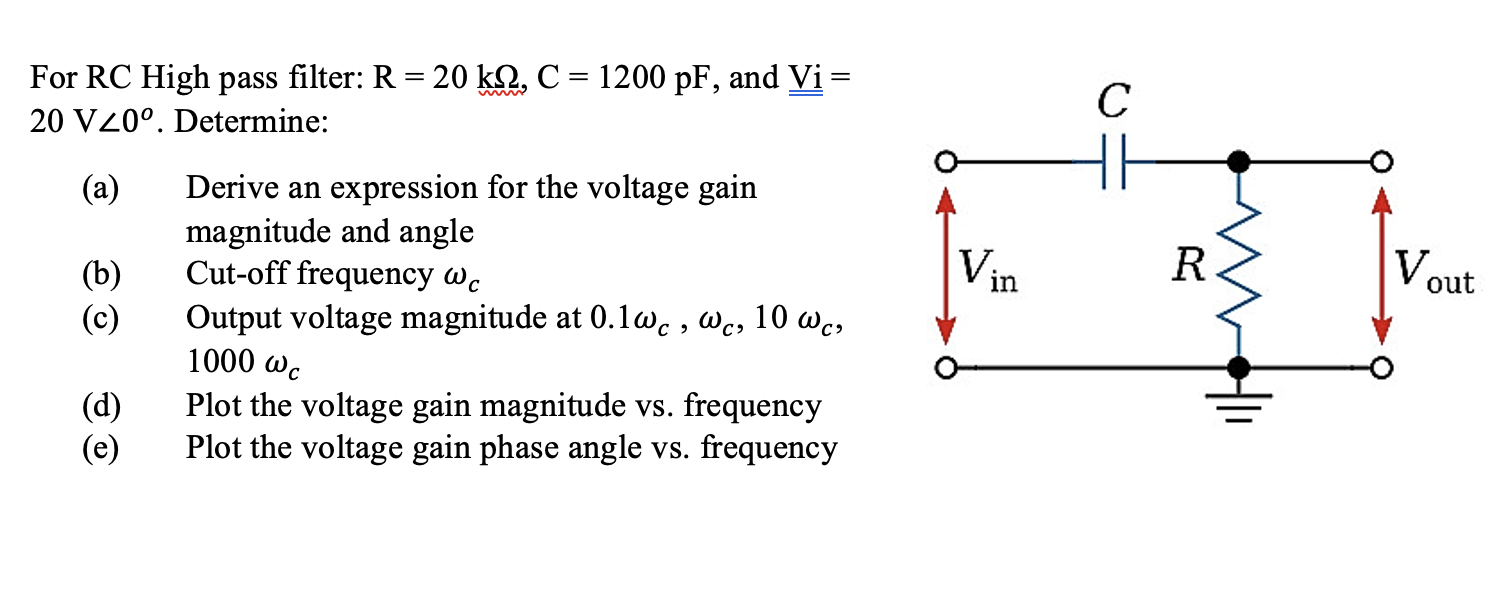 Solved For RC High pass filter: R=20kΩ,C=1200pF, and Vi= 20 | Chegg.com