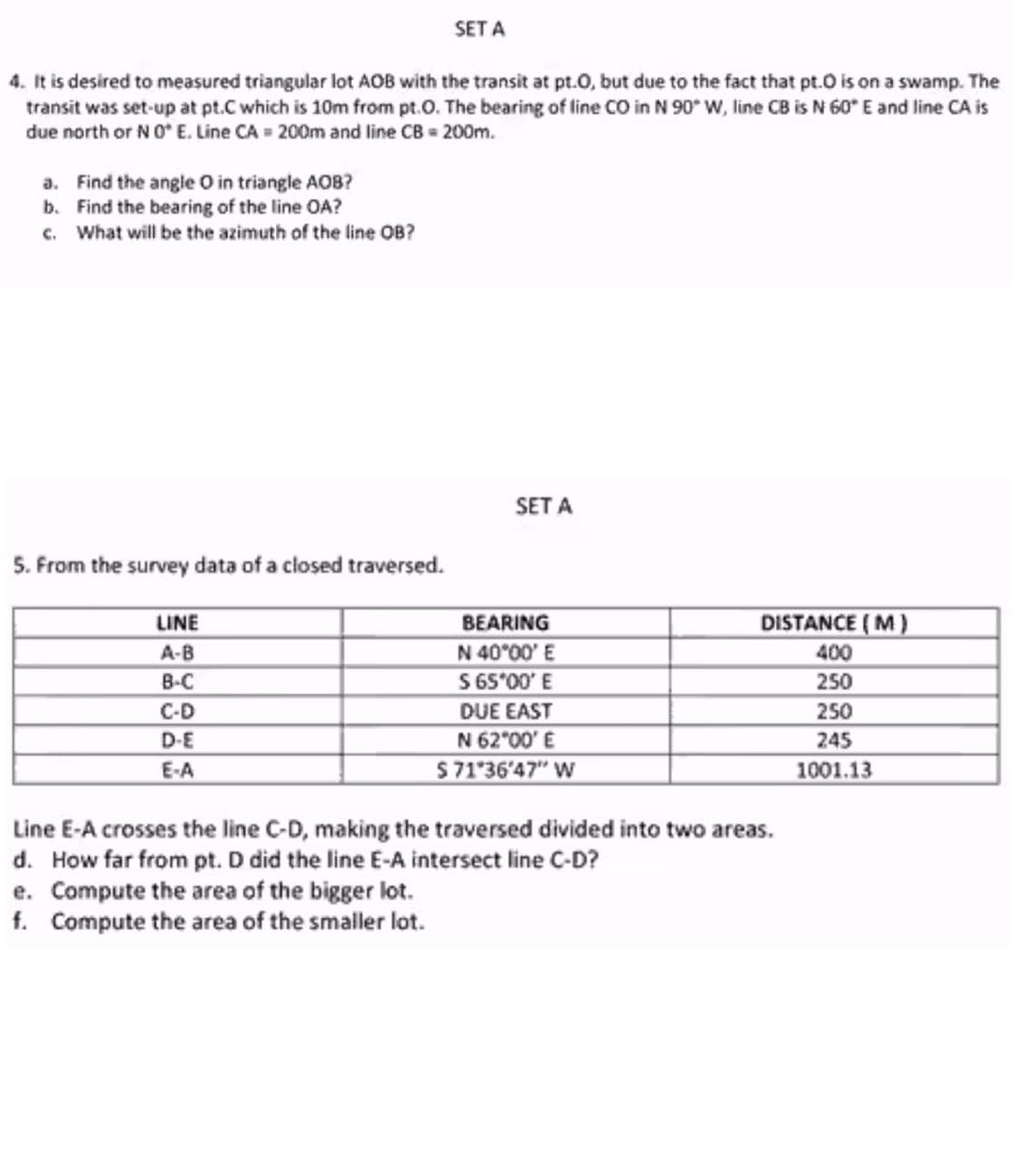 Solved SET A 4. It Is Desired To Measured Triangular Lot AOB | Chegg.com