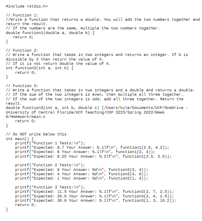 Solved Function 1: Write a function that returns a double. | Chegg.com