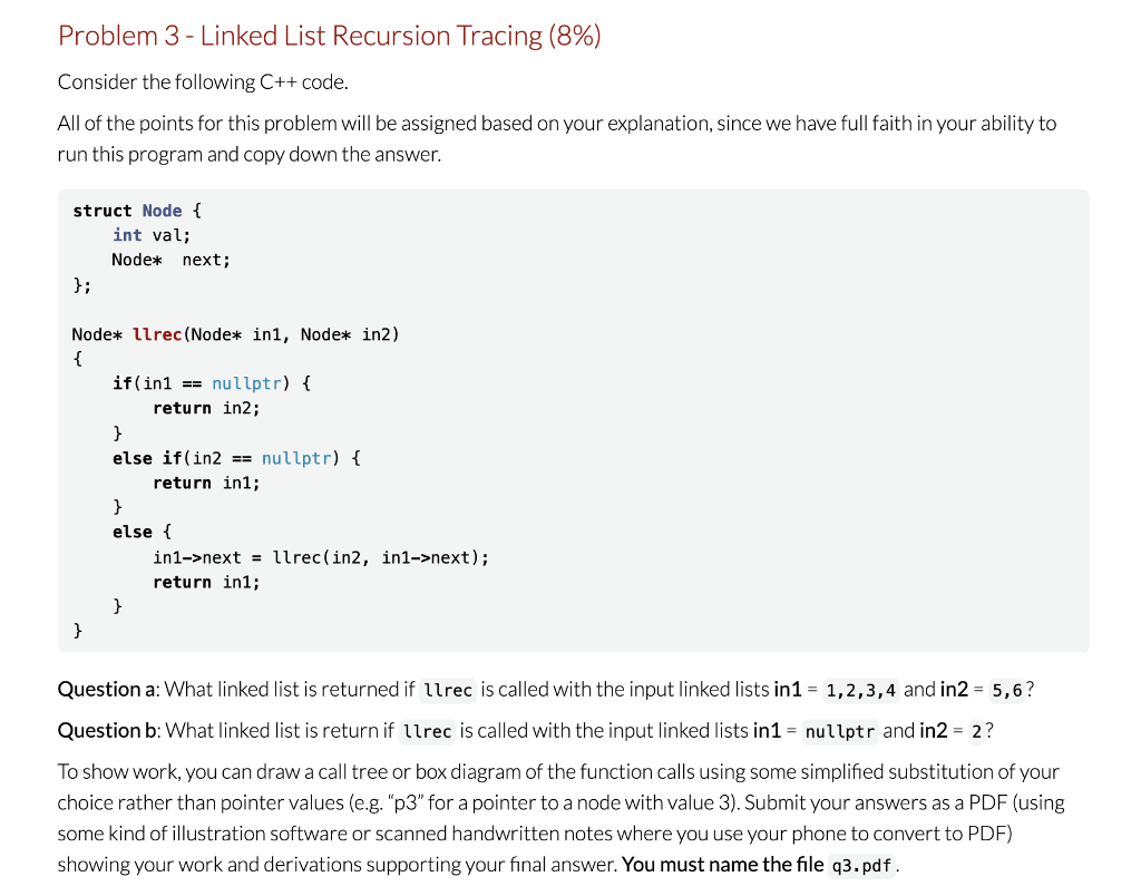 Solved Problem 3 - Linked List Recursion Tracing (8%) | Chegg.com