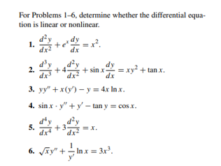 For Problems 1-6, determine whether the differential equation is linear or nonlinear. 1. \( \frac{d^{2} y}{d x^{2}}+e^{x} \fr