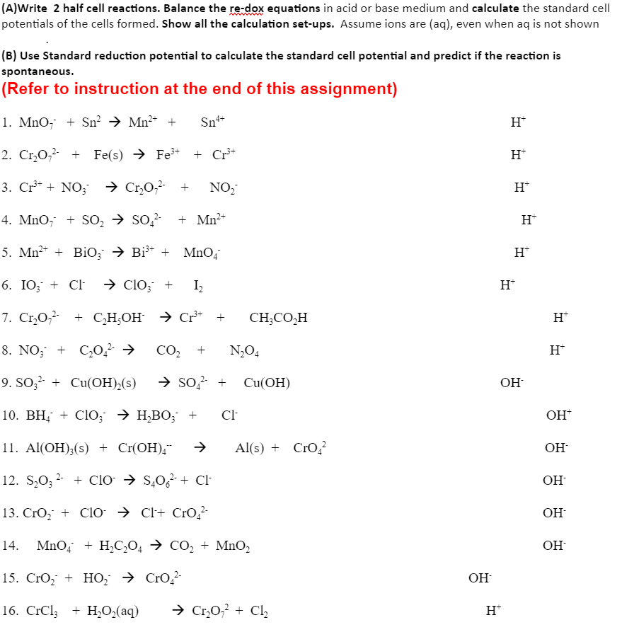 Solved (A)Write 2 half cell reactions. Balance the re-dox | Chegg.com