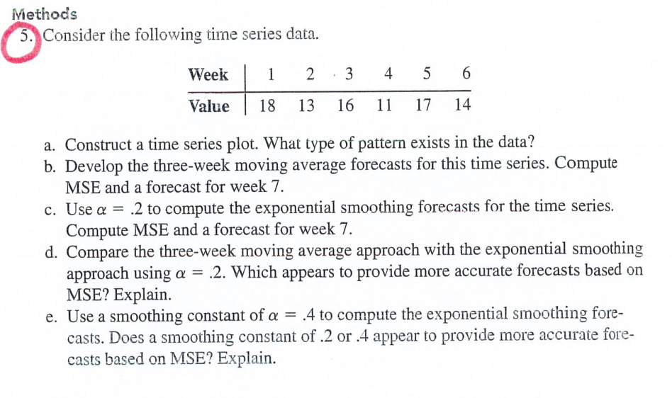 Methods
5. Consider the following time series data.
a. Construct a time series plot. What type of pattern exists in the data?