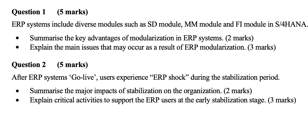 Solved Question 1 (5 marks) ERP systems include diverse | Chegg.com