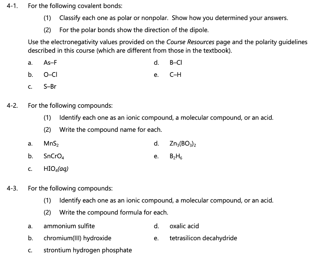 Solved -1. For the following covalent bonds: (1) Classify | Chegg.com