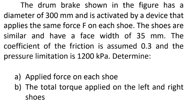 The drum brake shown in the figure has a diameter of \( 300 \mathrm{~mm} \) and is activated by a device that applies the sam