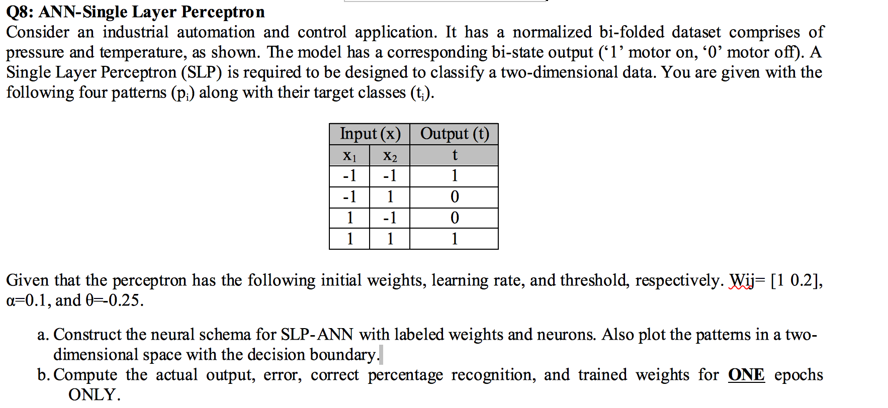 Q8: ANN-Single Layer Perceptron Consider an | Chegg.com