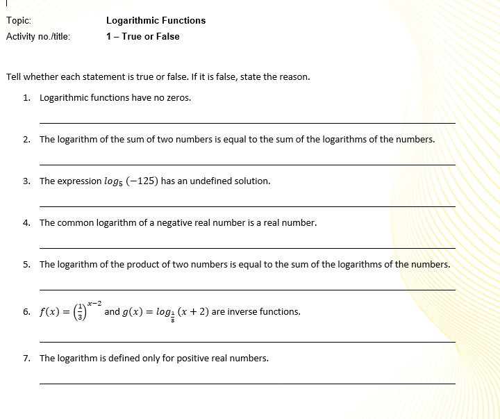 Solved Topic: Activity no./title: Logarithmic Functions 1 - | Chegg.com