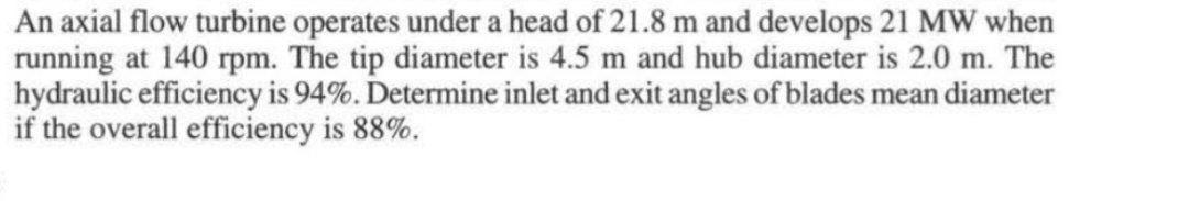 Solved An axial flow turbine operates under a head of 21.8 m | Chegg.com