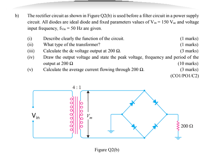 Solved b) The rectifier circuit as shown in Figure Q2(b) is | Chegg.com