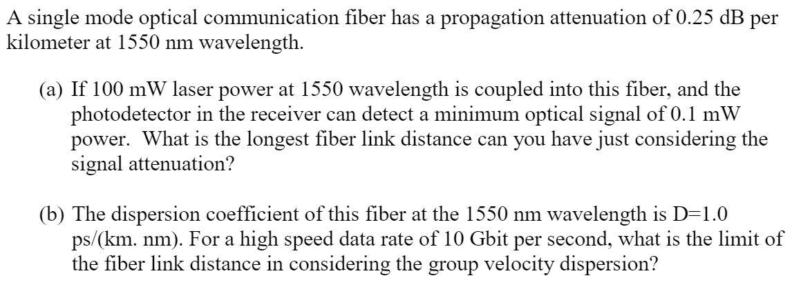 A single mode optical communication fiber has a | Chegg.com