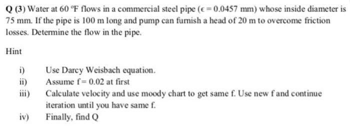 Solved Q (3) water at 60°F flows in a commercial steel pipe | Chegg.com