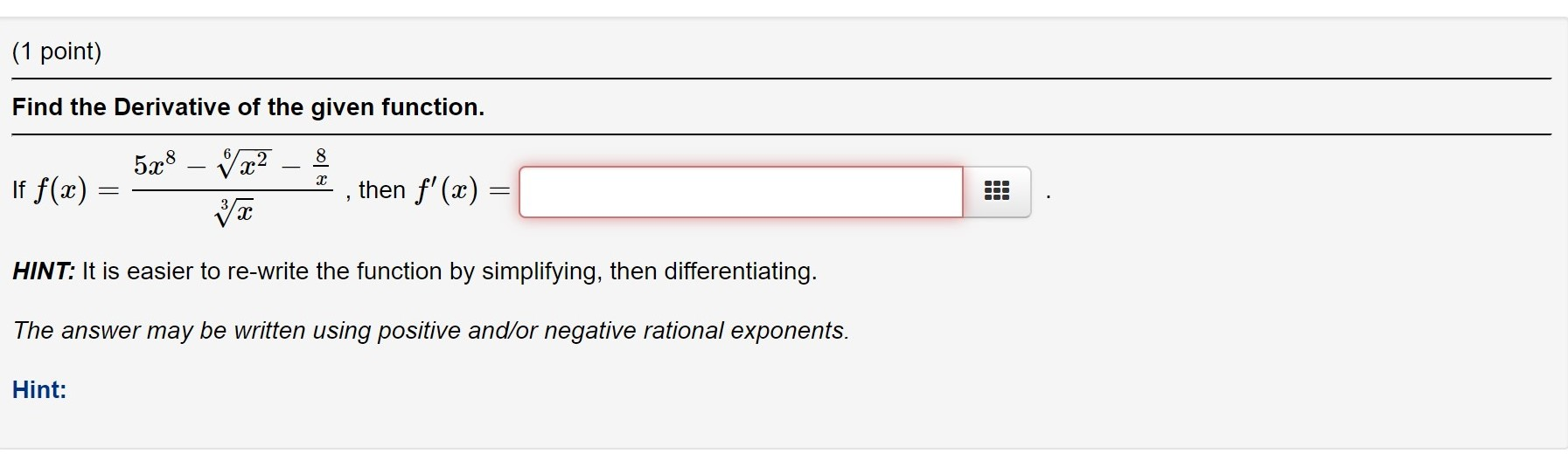 Solved (1 point) Find the Derivative of the given function. | Chegg.com