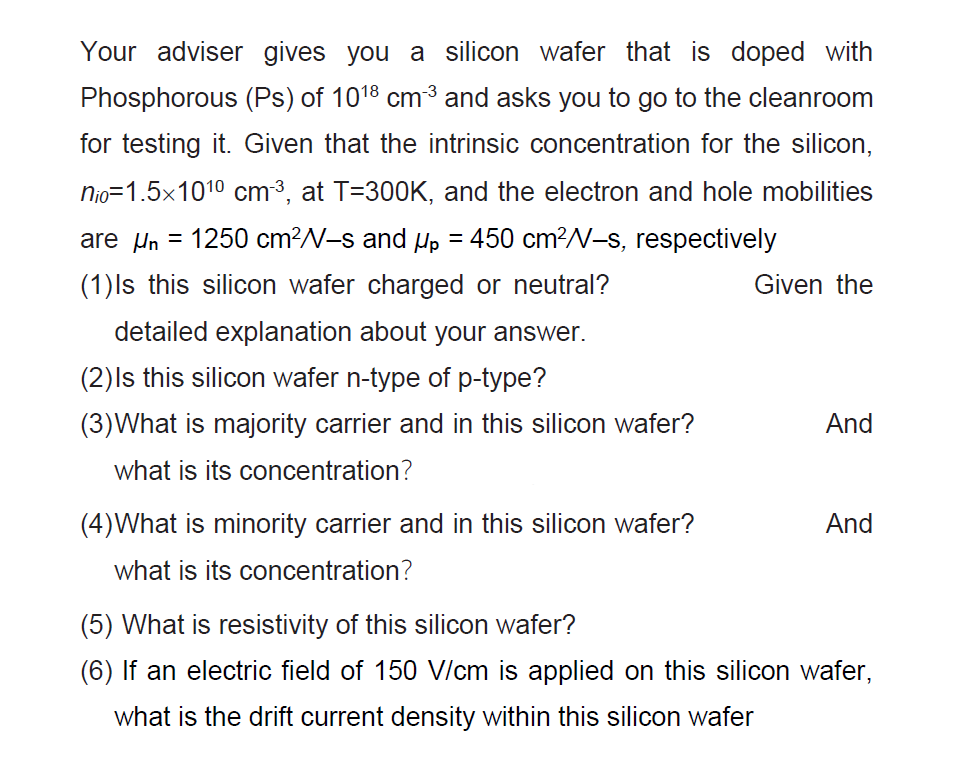 Solved Your adviser gives you a silicon wafer that is doped | Chegg.com