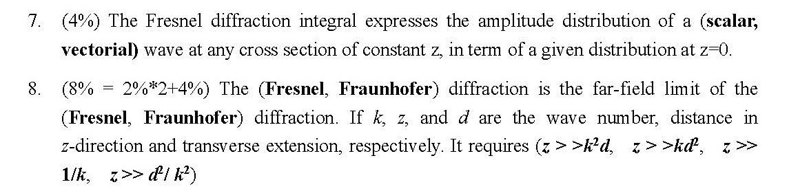 Solved (4%) The Fresnel diffraction integral expresses the | Chegg.com
