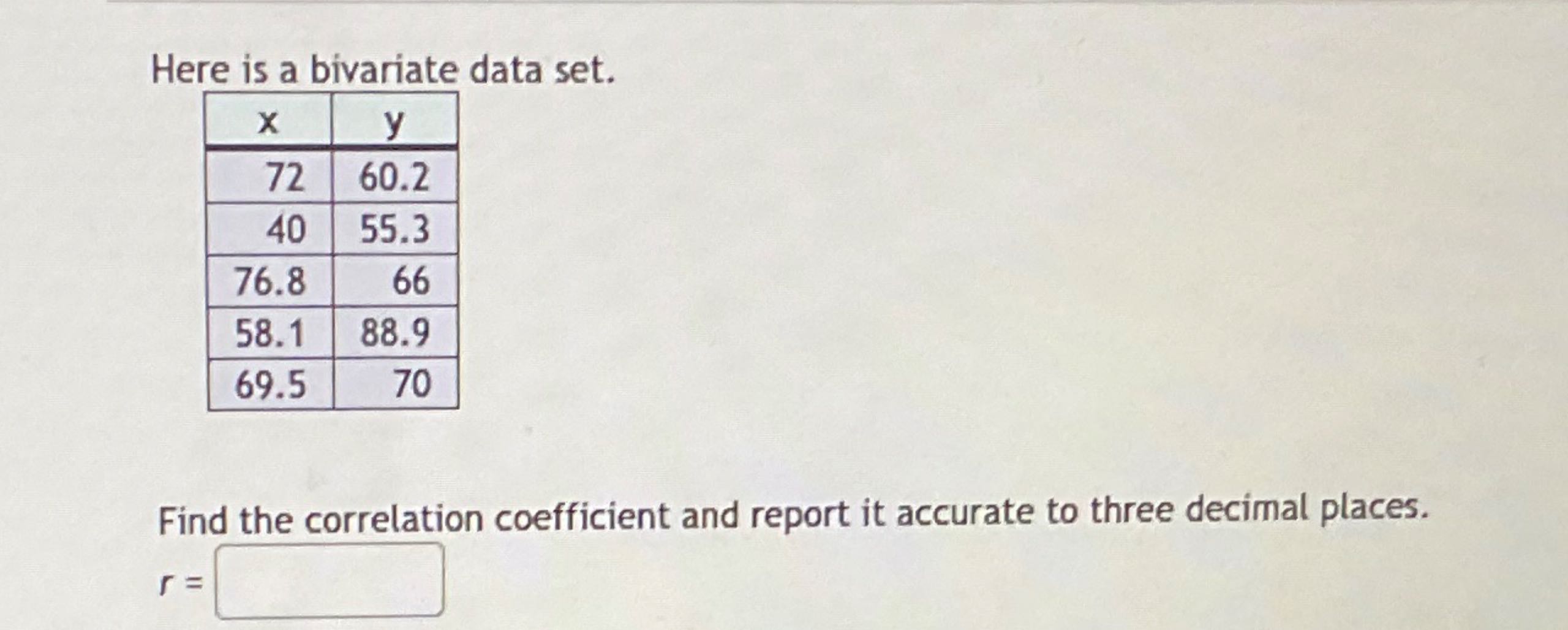 Solved Here Is A Bivariate Data Set.Find The Correlation | Chegg.com