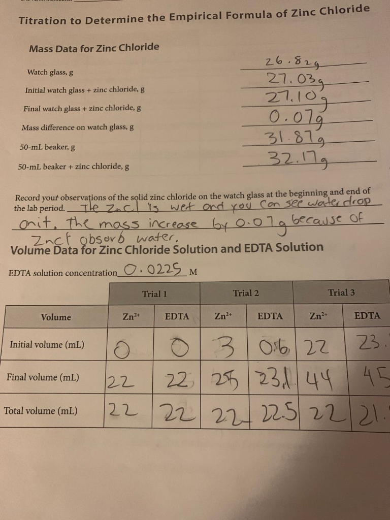 Solved How to calculate the mass of zinc chloride titrated,