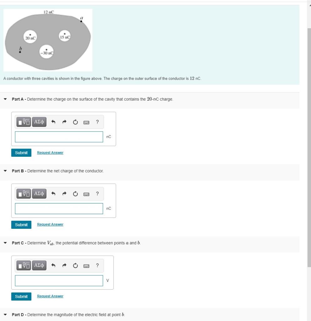 Solved 12 nC 20 nc 15 nc -0 nc A conductor with three | Chegg.com